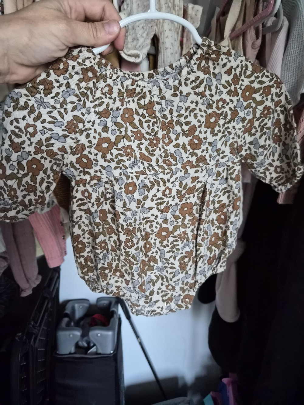 Rylee + Cru Cream Floral Long-Sleeve Romper with Brown Flowers